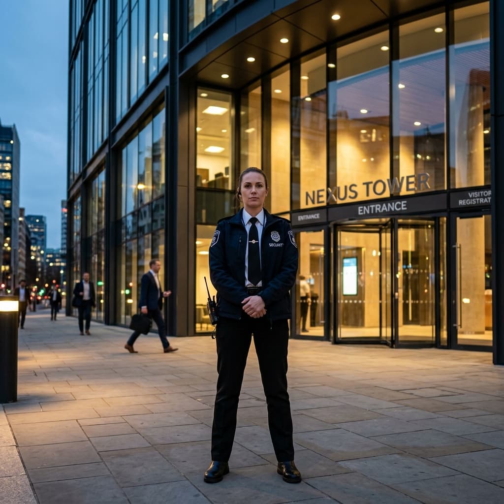 Professional security guard at a corporate building